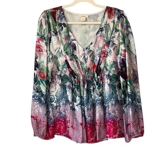 SUNDANCE NWOT Samantha Watercolor Floral Silk Pleated long sleeve blouse. Size L - Picture 1 of 9